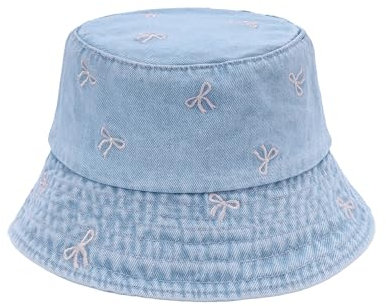 JJDreams Vintage Gestickter Fischerhut mit Schleife Trendy Washed Denim Bucket Hat Weicher und Leichter Faltbarer Sommerhut