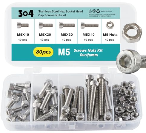 GuoYomm 80 pezzi M5 Viti a brugola con dadi in acciaio inox 304, set di bulloni meccanici completamente filettati in scatola combinata, lunghezze: 10 mm 20 mm 30 mm 40 mm