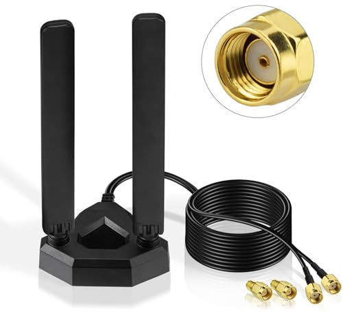 Eightwood WiFi 6E Antenne 2.4GHz 5GHz 6GHz WLAN Antenne Signalverstärkung Tri-Band RP-SMA + SMA Adapter Magnetfuß mit 2M Verlängerungskabel für WLAN Karten PCI Karte PC Router Bluetooth Mainboard