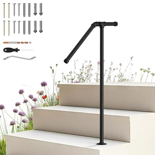 Corrimano da esterno per gradini, kit binario per scale, tubo quadrato nero con barra orizzontale, guide di supporto in acciaio al carbonio per anziani, cemento