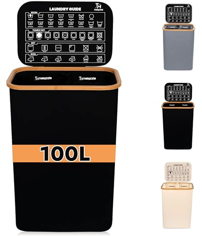 100L Laundry Basket with Lid, 2 Compartments for Sorting Laundry, Hamper Laundry Bin with Care Guide & 2 Removable Inner Bags, Dirty Clothes Basket with Bamboo-Rim Oxford Fabric (Black 100L)