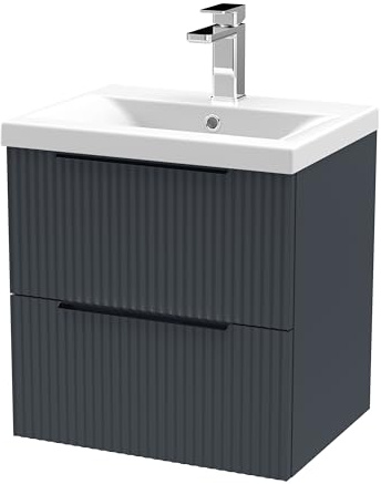 Balterley Vanity Unit with Basin Wall Hung, 2 Drawer Soft Close with Mid Edge Sink and Handles, Bathroom Vanity Units with Basin, Fluted Front Sink Cabinet - 510 x 390 x 540mm (Dark Grey)