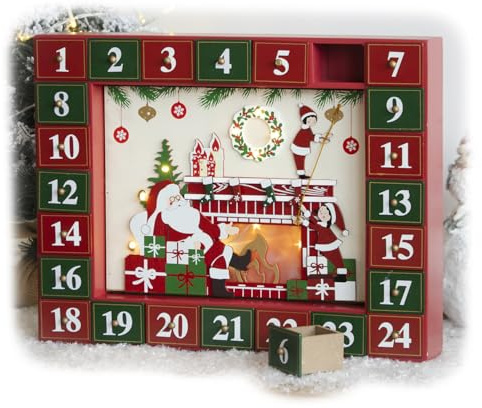 Light Up Santa's Grotto Advent Calendar 37x25cm Wood 24 Drawer LED Christmas Countdown