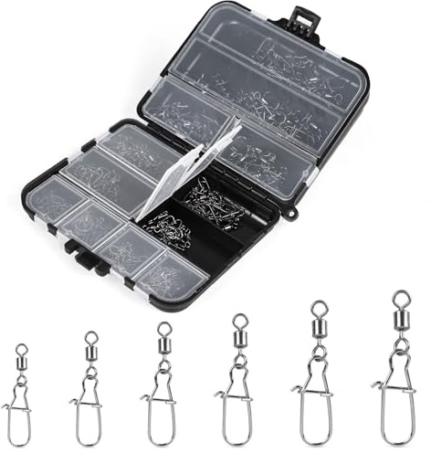 DBREAKS Fishing Swivel Set - 150 Pieces 1# 2# 4# 6# 8# 10#, Fishing Swivel Snap Set with Box, Stainless Steel Ball Bearing Swivel Fishing Tackle with Carabiner, Fishing Accessories, Duo-Lock Snap for