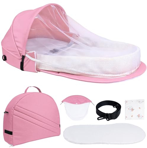 Huracan Faltbares Babynest mit Moskitonetz & Tragegurt, Baby Nestchen Leichtes tragbares für unterwegs, weiche Schaumstoffmatratze & Baumwolldecke, Komfort & Geborgenheit für Neugeborene, Rosa