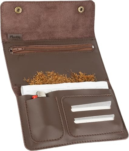Blague à tabac en cuir véritable artisanal – Étui porte-tabac avec fermeture éclair et poches pour feuilles, filtres et briquet – Fabriqué en Italie (Marron chocolat)