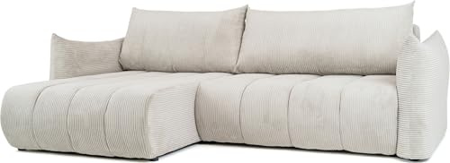 WFL GROUP Ecksofa mit Schlaffunktion & Bettkasten – Skandi 4-Sitzer Schlafsofa in L-Form – Freistehende Eckcouch, Ottomane Links oder Rechts Montierbar – Liegefläche 220 × 145 cm – Cordstoff Creme