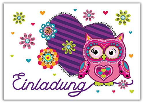 JuNa-Experten 12 Einladungskarten Geburtstag Kinder Eule Herz für Mädchen Einladungen Kindergeburtstag Geburtstagseinladungen Kartenset Party