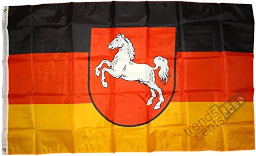 Top Qualität - Flagge NIEDERSACHSEN MIT WAPPEN Fahne, 250 x 150 cm, EXTREM REIßFEST, Keine BILLIG-CHINAWARE, Stoffgewicht ca. 100 g/m², sehr robust, extra starke Messing-Ösen