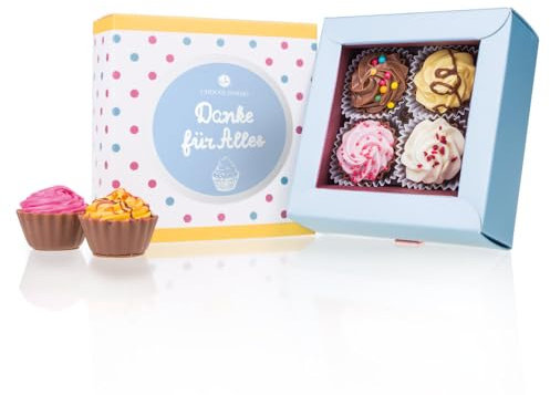 CHOCOLISSIMO - Schokolade Danke Geschenk - Pralinen Geschenk - mit Alkohol - 4 handgemachte Cupcakes Pralinen - Kleines Dankeschön Geschenk für Frauen, Männer, Papa, Mama, Partner, beste Freundin