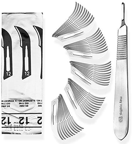 May Lot de 50 couteaux de bricolage avec manche scalpel en acier inoxydable et lame de rechange Figurine 12 en acier carbone