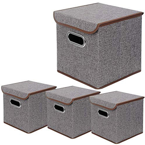 BeigeSwan Storage Bin [Set of 4] Linen Fabric Foldable Container with Lid, Collapsible Organizer Boxes Cubes - 10 x 10 x 10 Inches (Gray)