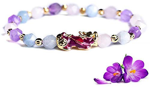 Deykhang Feng Shui Reichtum Armband Farbe ändern Pixiu/Pi Yao Multi-Kristall Armband Rose Quarz Morganit Amethyst Chakra Balancing Edelsteine für Geld Glück Glück Wohlstand Frauen,6mm