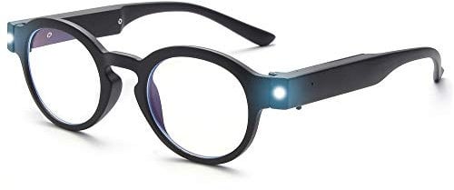 OuShiun Lesebrille mit LED Licht Leser Blaues Licht Blockierung Anti Eyestrain Runde Brillen beleuchtet Nachtzeit(Schwarz,+2.50)