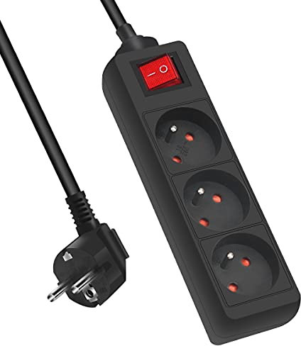 Extrastar Multiprise 3 Prises avec Interrupteur, 2P + T, Bloc 3 Prises avec sécurité Enfant, Extension d'alimentation de 1.5 Mètre, 16A 230 V, Noir