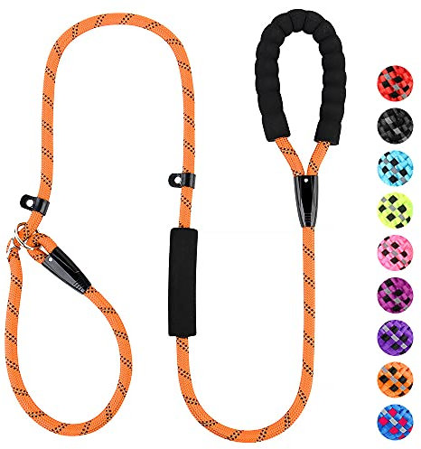 PLUTUS PET Dog Slip Lead, Anti-Choking with Traffic Padded 2 Handles, Reflective Strong Sturdy Heavy Duty Rope, 6FT/182cm for Training Medium Large Dogs (6' Orange)