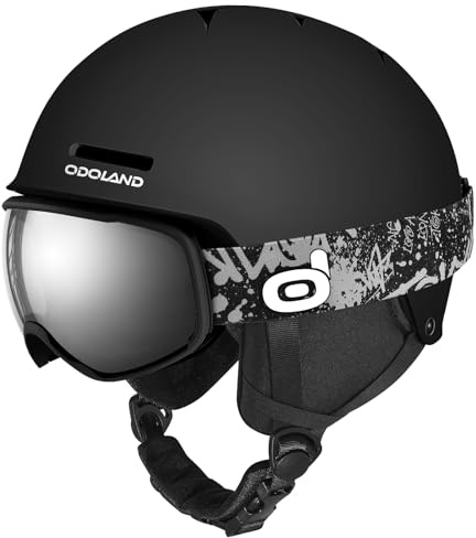Odoland Kids Ski Helmet, Snow Helmet with Ski Goggles for Boys and Girls, Safety Youth Snowboard Sports Helmets and Goggles Set for Children Ages 6-14, Black, XS