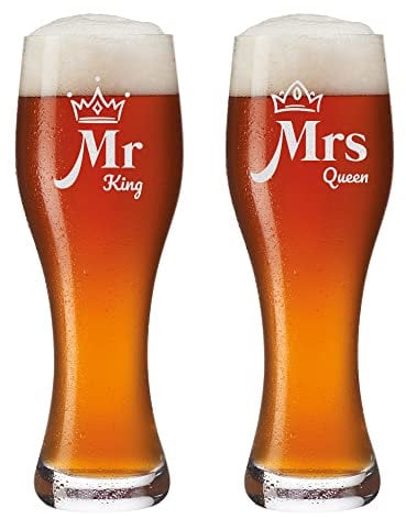 Leonardo Weizenbierglas 2er Set 0,5 L mit Gravur - personalisiertes Hefeweizenglas als Geschenk für Paare - Liebe und Romantik - Geschenkset - Motiv Mr. King und Mrs. Queen
