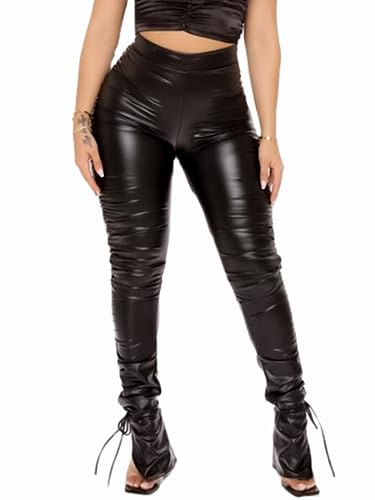 Zebaexf Sexy Black Faux Leather Leggings, Pleather Stacked Pants Stretch High Waisted Pu Leather Pants Black L