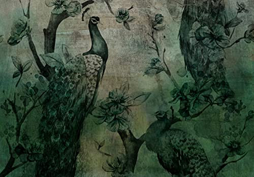 decomonkey Fototapete Pfau 450x315 cm Tapete Fototapeten Vlies Tapeten Vliestapete Wandtapete moderne Wand Wandbild Schlafzimmer Wohnzimmer Vintage Deko Retro Kunst Blumen Tiere Vogel beige grün