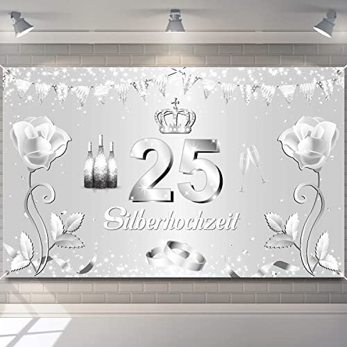 Silberhochzeit Deko - Großes Banner für 25. Hochzeitstag, Garten und Wand Dekoration, Silber Hintergrund für Silberne Hochzeit 25. Jubiläum, 180 x 110cm