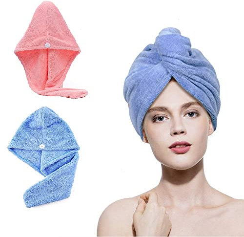 YQBFTC Asciugamano Capelli Turbante,2 Pcs Aciugamani in Microfibra,Turbante ad Asciugatura Rapida per Capelli Bagnati,Super Assorbenti Turbante Asciugacapelli con Bottoni(Blu e Rosa)