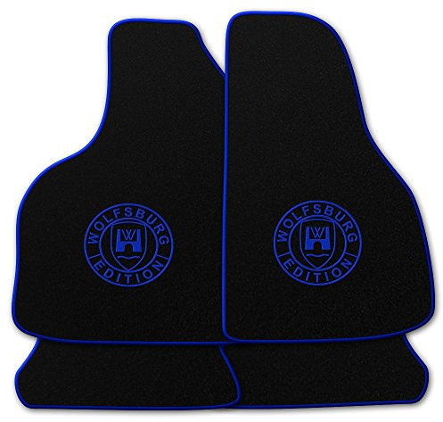 AUTOTEPPICH-Stylers NF100 Schwarze Fußmatten passend für VW Golf 4 mit Logo Wolfsburg Edition WOB und Rand in blau