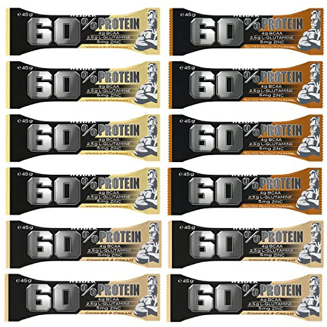 Weider 60% Protein Bar (12 x 45g) - 3 Sabores. Con 60% de proteina por barrita. Con 4 g de BCAA, 2,5g L-Glutamina y 5mg de Zinc por barrita. (Vanilla-Caramel, Salted Peanut Caramel, Cookies&Cream)