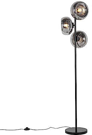 Qazqa - Art Deco Art-Deco-Stehlampe schwarz mit Rauchglas 3-flammig – Ayesha I Wohnzimmer I Schlafzimmer - Länglich - LED geeignet E27