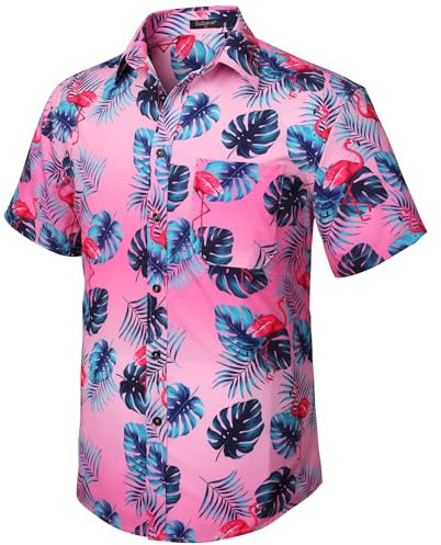 Enlision Chemise Hawaïenne Homme Manches Courtes Chemises d'été pour Plage Casual Funky Aloha Shirt Imprimées de Flamants Roses et de Feuilles,Rose Vif,S