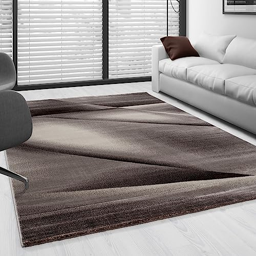 SIMPEX Kurzflor Teppich 140x200 cm, Modern Abstrakt Design in Braun Beige, Pflegeleicht, ideal für Wohnzimmer, Essbereich oder Jugendzimmer