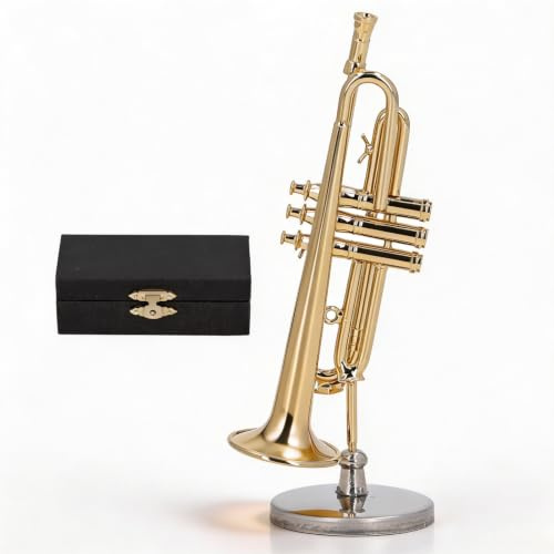 Cyrank Miniatur-Trompete mit Ständer und Koffer, Miniatur Trompete Modell, Messing-Miniaturinstrument, Mini-Trompetenmodell, Musikinstrument, Trompeten-Miniatur Für Schreibtisch, Bücherregal(9cm)