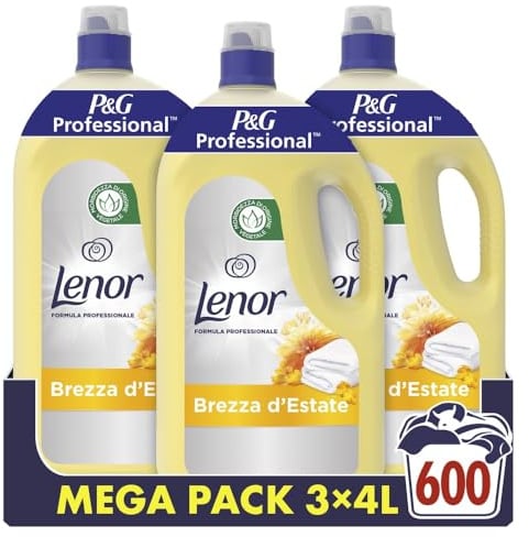 Lenor Professional Ammorbidente Concentrato, 600 Lavaggi (200 x 3), 12L (4L x 3), Brezza Estiva, Morbidezza Irresistibile e Freschezza Duratura, Per Bucato Professionale