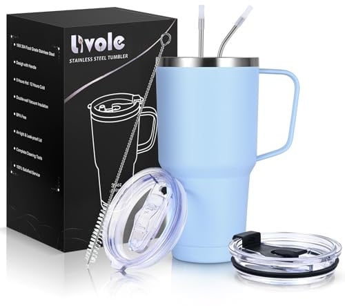 Livole 30oz 900ml Travel Tumbler with Handle, Insulated Vacuum Travel Coffee Mug, Stainless Steel Water Bottle Flask, Double Walled Leakproof Thermal Mug for Camping, Sports, Office, Home, Light Blue
