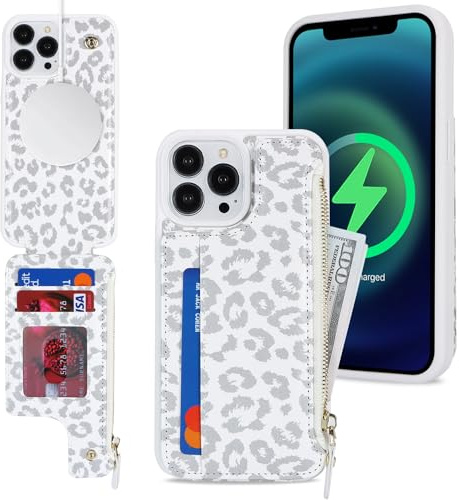 SailorTech iPhone 12 Pro Max Case with Credit Card Holder magsafe, iPhone 12 Pro Max Phone Leather Case Wallet for Women Compatible mag safe Zipper Shockproof Case for Men - White Leopard