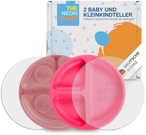 THE NEON GANG® Piatto per bambini sostenibile con coperchio (2 set), piatto per bambini con ventose, 100% silicone senza BPA, certificato LFGB, tenuta extra forte, rosa