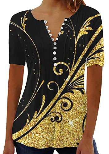 Sommer Tunika Tshirt Damen Elegant V-Ausschnitt Plissee Shirt Lässige Lose Kurzarm Tops Baumwolle Vintage Bluse Longshirt Feder Druck Sommershirts Oberteile Angebot