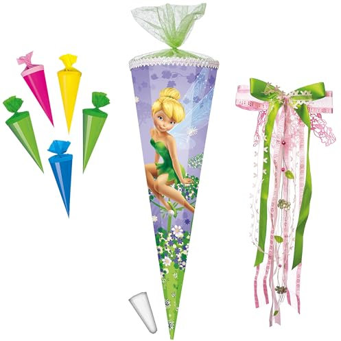 alles-meine.de GmbH Set Schultüte + 5 kleine Zuckertüten - Fairies - Fee Tinkerbell - 22 bis 100 cm - rund - eckig - incl. große Schleife - Organza - Blumenabschluß - Zuckertüt..