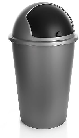 SUSTANIA Poubelle Silver - 50 l - Avec couvercle coulissant noir - Diamètre : 25 cm - Hauteur : 68 cm - Grande poubelle en plastique - Pour cuisine ou bureau - Anti-odeurs - Avec couvercle rond -