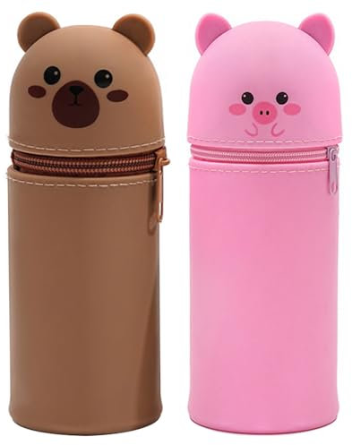 CHENKEE 2 Stück Silikon Federmäppchen,2-in-1Silikon Federmappe,Schlampermäppchen,Stifte Mäppchen,Schön Stehendes Mäppchen(Braun, Rosa)