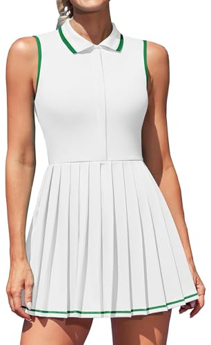 ATTRACO Womens Golf Tennis Dress with Shorts Built in Bra Sports Skirts Workout Dresses White S