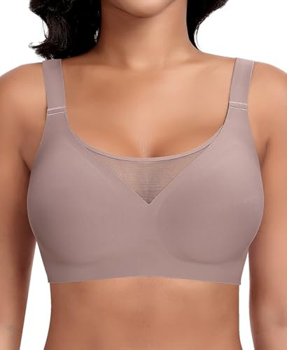 Ganado Sujetador sin Aros Encaje Mujer Sujetadores sin Costuras Push Up Bralette Comodos con Relleno, Marrón, S