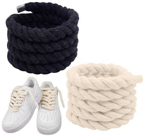 Dokeno 2 Paia Lacci corda Chunky, Cotone Poliestere lacci corda 8mm (150cm), Rotonda lacci corda air force 1 per Scarpe da Ginnastica Scarpe da Corsa Scarpe Sportive, Nero e White