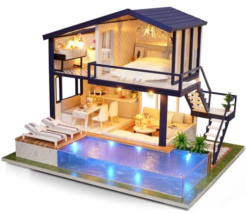 Modelo de piscina hecho a mano, casa de muñecas en miniatura con muebles, manualidades de madera de bricolaje, mini kit hecho a mano con cubierta a prueba de polvo y movimiento musical, escala 1:24