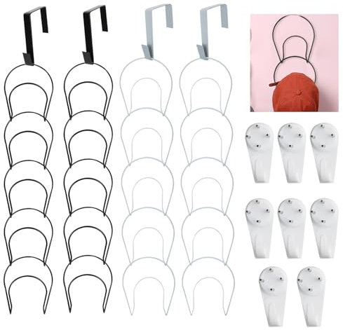 MOAMUN 20 PCS Hat Organiser Hat Hooks for Wall, Metal Cap Holder Coat Hanger with 20 Hook, No Drilling Cap Storage Scarves Holder for Caps Towels Scarves Handbags Clothes Ties
