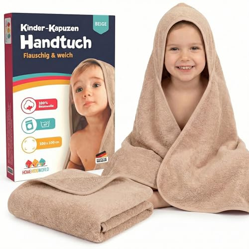 Home Kids World Kapuzenhandtuch Baby 100x100 cm (beige) – Weiches & saugstarkes Badetuch mit Kapuze – Kuscheliges Handtuch für Babys & Kinder inkl. Geschenkbox
