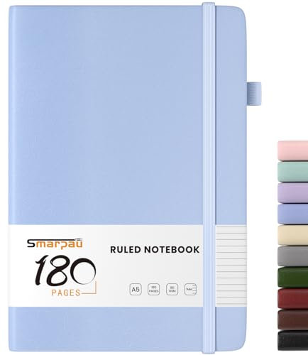 Smarpau Notizbuch A5, Hardcover Lined Journal Buch mit 180 Seiten, Premium 80gsm Tintenfestes Papie Dickes,Leder Hard Cover Notizbuch für Frauen Männer Arbeit Büro Schule, 14.5 x 21cm-Azurblau