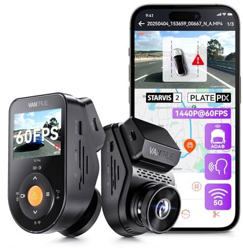 VANTRUE S1 Pro 1CH 2.7K 60FPS Versteckte Dashcam 5GHz WiFi ADAS, STARVIS 2 Platepix Nachtsicht, Dashcam Auto Vorne Sprachsteuerung Dash Cam, GPS, 15 Sekunde Voraufnahme Puffer Parkmodus, Max 1TB