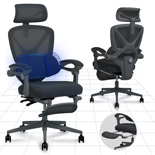 FLEXISPOT Silla de Oficina Ergonómica con Soporte Lumbar 3 por Zonas, Reclinable 135°, Reposapiés Retráctil, Cojín Transpirable, Altura Ajustable, Silla de Escritorio, Negro