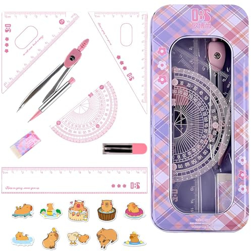8-teiliges Zirkel und Lineal Set:Ein Komplettes Lernset Ausgestattet mit Robuster Aufbewahrungsbox 10 Aufkleber，Geometrie Set für Die Sekundarschule，Schülern Wird für Präzises Zeichnen (Rosa)